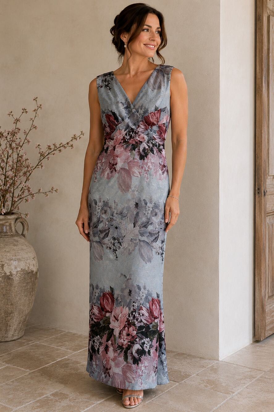 Adrianna Papell Dress 14 Blue Floral Matelasse Texture Maxi Wedding Guest Formal